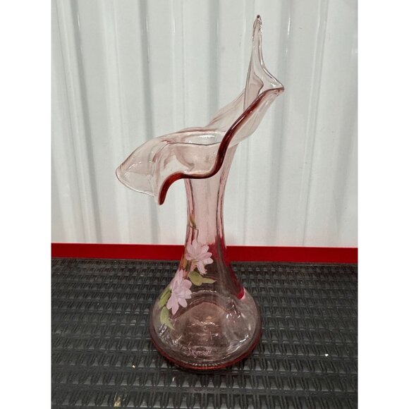 FENTON HAND PAINTED FLOWERS & SIGNED FENTON JACK IN THE PULPIT PINK GLASS VASE - Picture 5 of 15